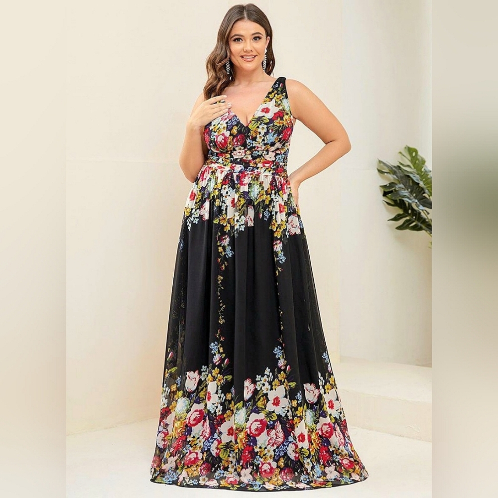 Ever Pretty Dark Floral Maxi Dress 14 V-Neck Sleeveless Zip Back Fit & Flare NWT